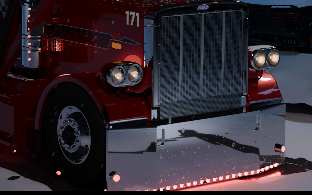 Close-up of truck #171's grille, headlights, front wheel, and chrome bumper.