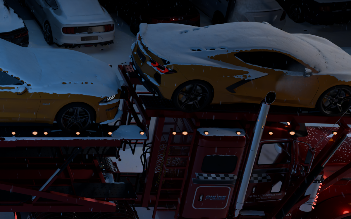 Snow-covered cars on the upper deck of carrier #171.